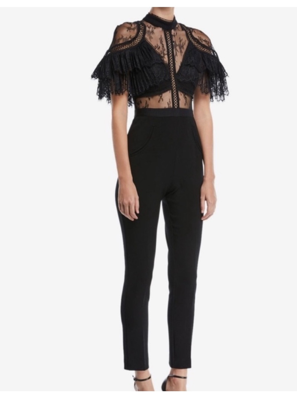 Self-Portrait Black Lace Jumpsuit Sheer Bodice Ruffle Sleeve UK10/US 6